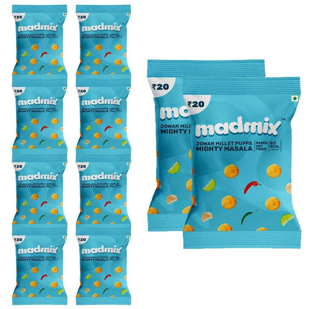 Madmix Jowar Millet Puffs Mighty Masala Pack of 10 | 20 Grams Each