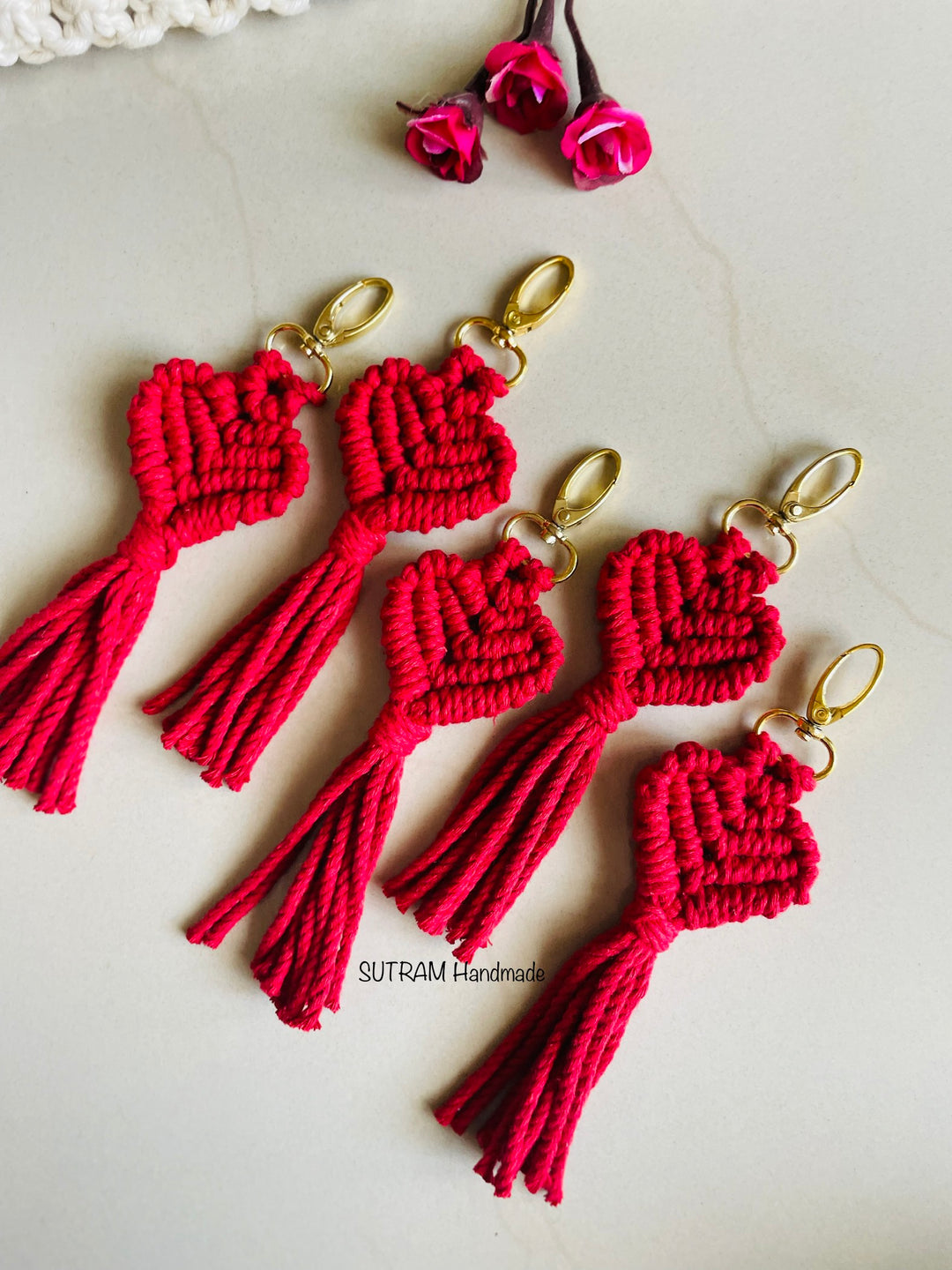SUTRAM Handmade Macrame Heart Keychain - Pack of 2 | For Women Girls, Bag Charm, Birthday Gift, Valentine Gift | 13 cm size