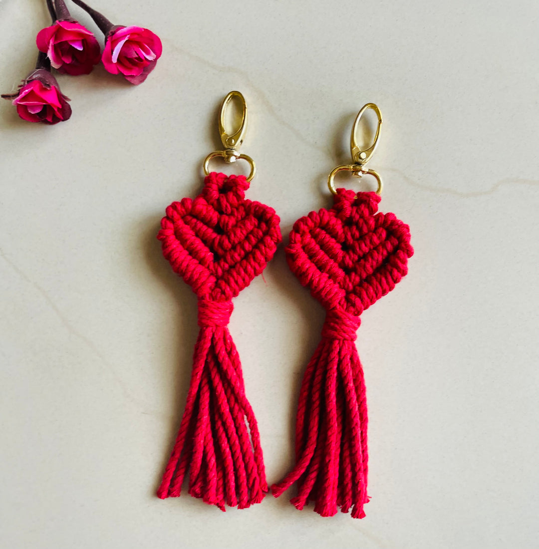 SUTRAM Handmade Macrame Heart Keychain - Pack of 2 | For Women Girls, Bag Charm, Birthday Gift, Valentine Gift | 13 cm size
