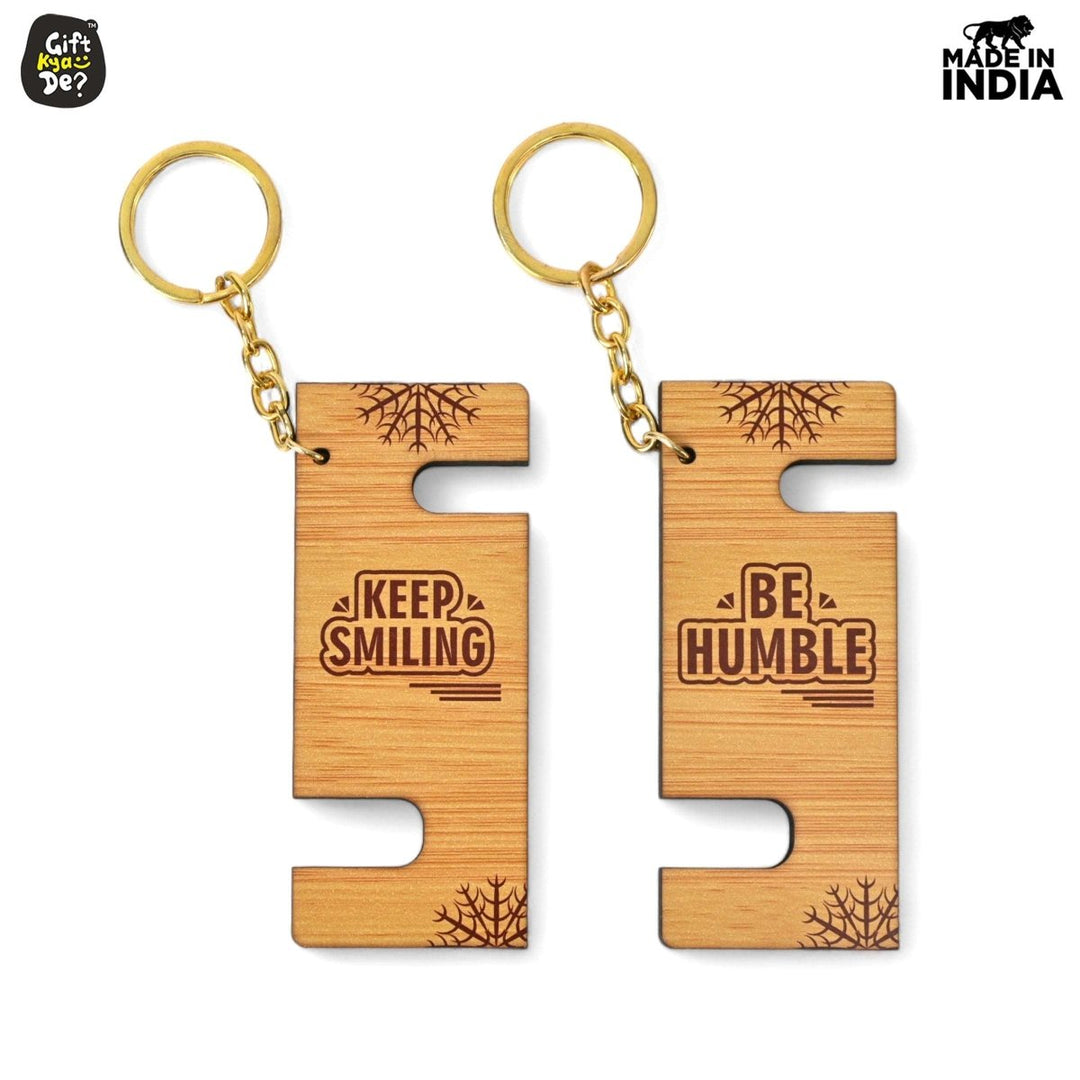 Gift Kya De Cellphone Stand with Keyring | Wooden Mobile Stand with 2 in 1 Style Watch Video Horizontal and Vertical | Premium Golden Keychain