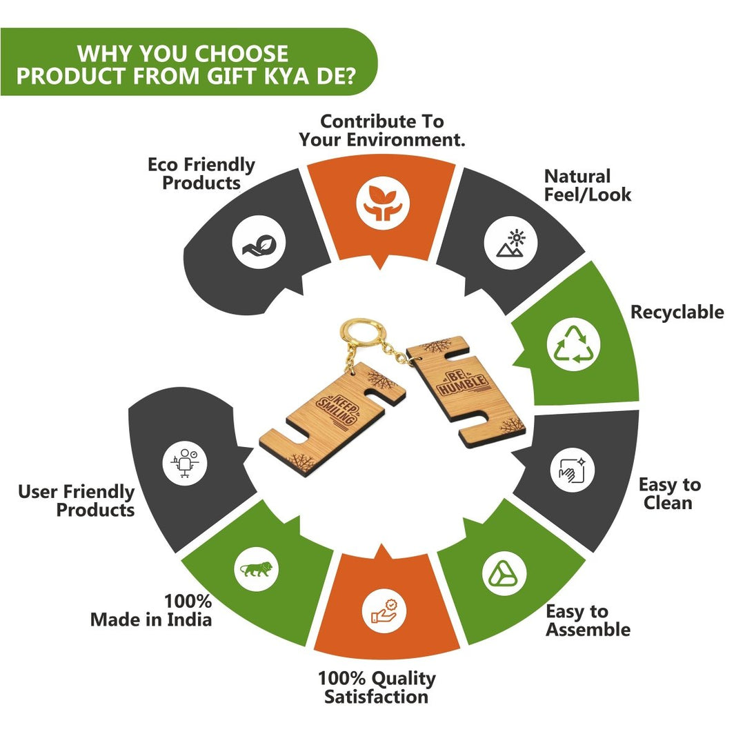 Gift Kya De Cellphone Stand with Keyring | Wooden Mobile Stand with 2 in 1 Style Watch Video Horizontal and Vertical | Premium Golden Keychain