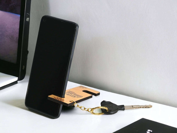 Gift Kya De Cellphone Stand with Keyring | Wooden Mobile Stand with 2 in 1 Style Watch Video Horizontal and Vertical | Premium Golden Keychain