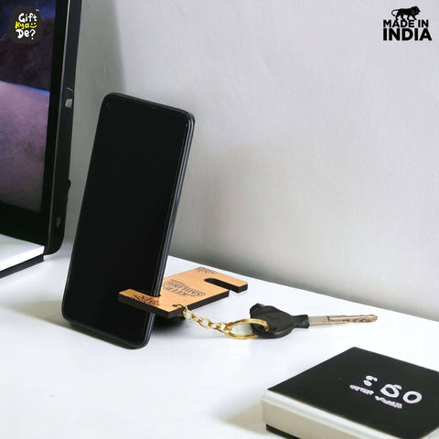 Gift Kya De Cellphone Stand with Keyring | Wooden Mobile Stand with 2 in 1 Style Watch Video Horizontal and Vertical | Premium Golden Keychain