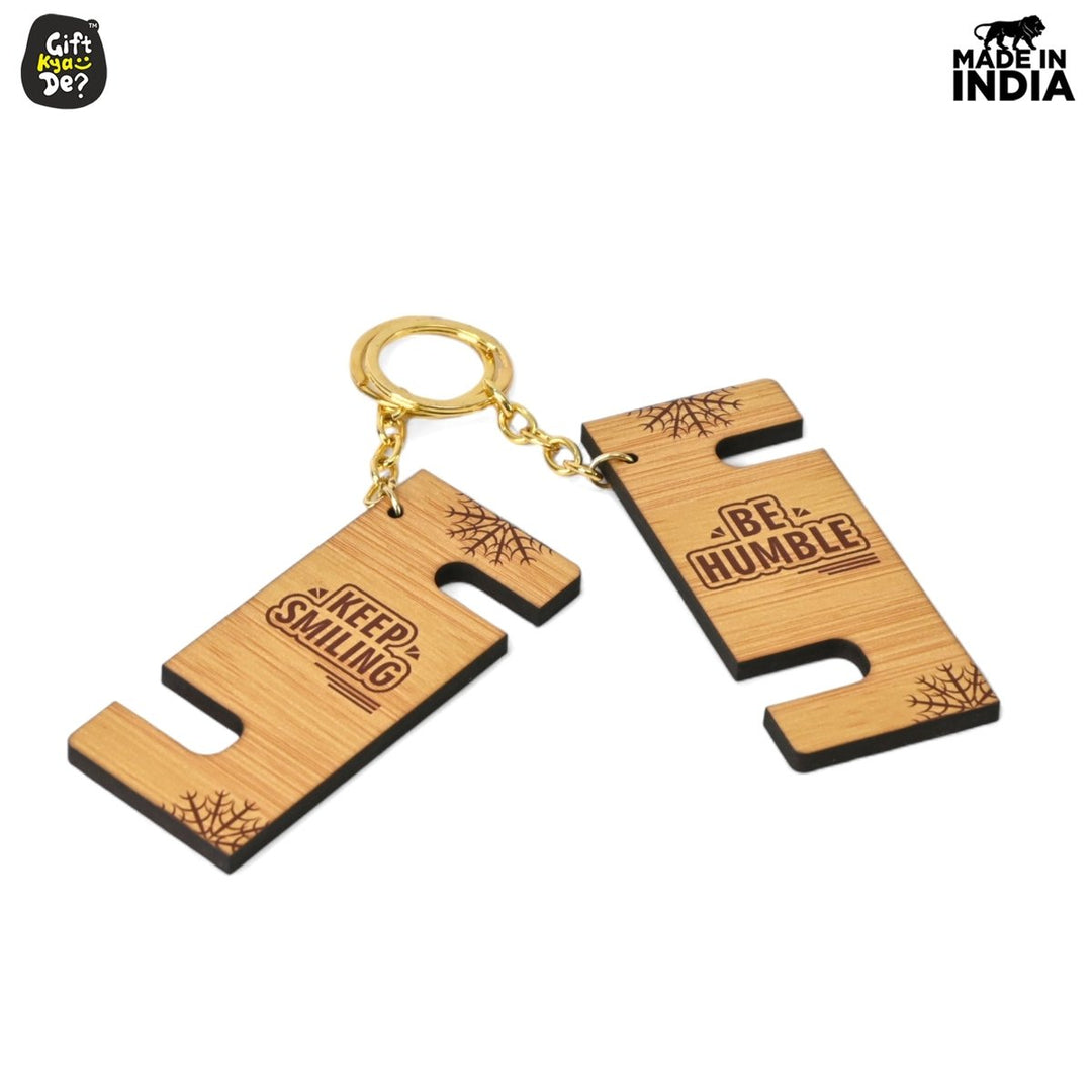 Gift Kya De Cellphone Stand with Keyring | Wooden Mobile Stand with 2 in 1 Style Watch Video Horizontal and Vertical | Premium Golden Keychain