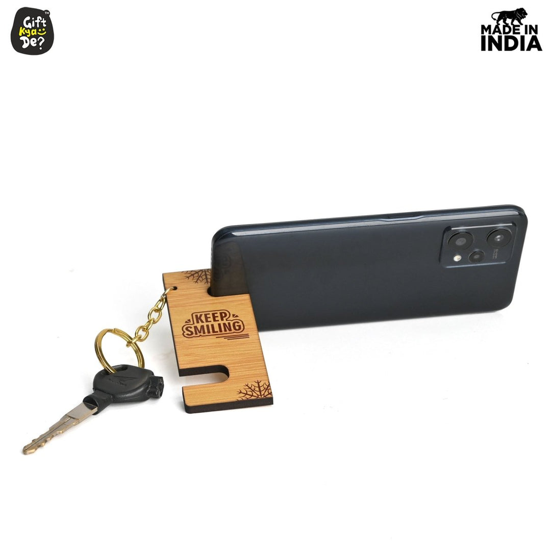Gift Kya De Cellphone Stand with Keyring | Wooden Mobile Stand with 2 in 1 Style Watch Video Horizontal and Vertical | Premium Golden Keychain