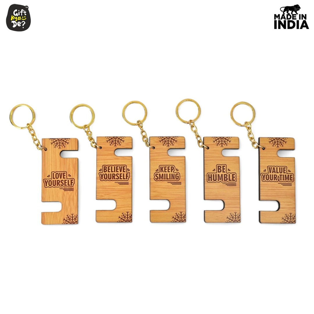Gift Kya De Cellphone Stand with Keyring | Wooden Mobile Stand with 2 in 1 Style Watch Video Horizontal and Vertical | Premium Golden Keychain