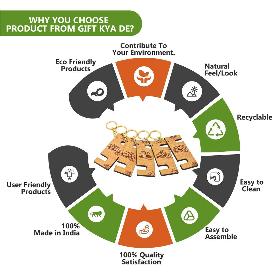 Gift Kya De Cellphone Stand with Keyring | Wooden Mobile Stand with 2 in 1 Style Watch Video Horizontal and Vertical | Premium Golden Keychain