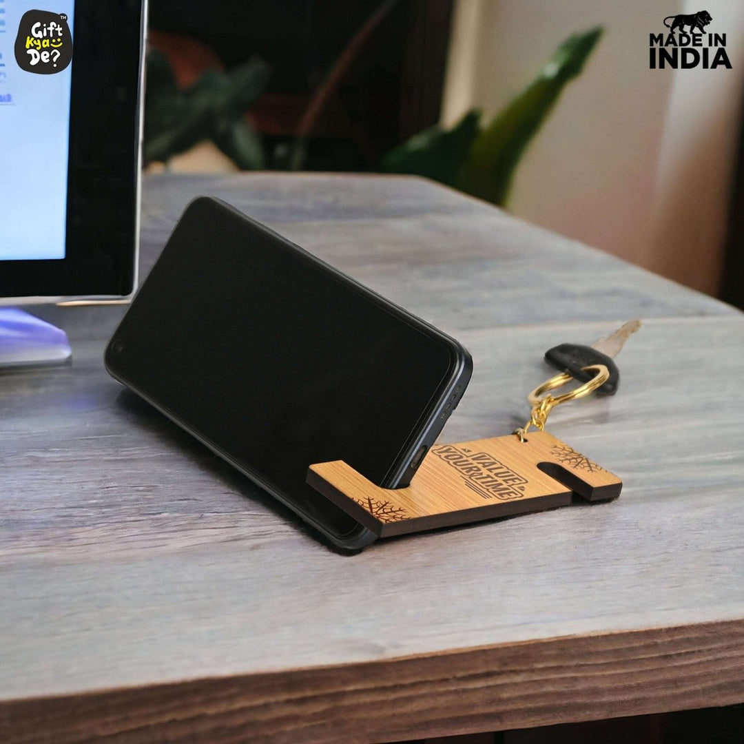 Gift Kya De Cellphone Stand with Keyring | Wooden Mobile Stand with 2 in 1 Style Watch Video Horizontal and Vertical | Premium Golden Keychain