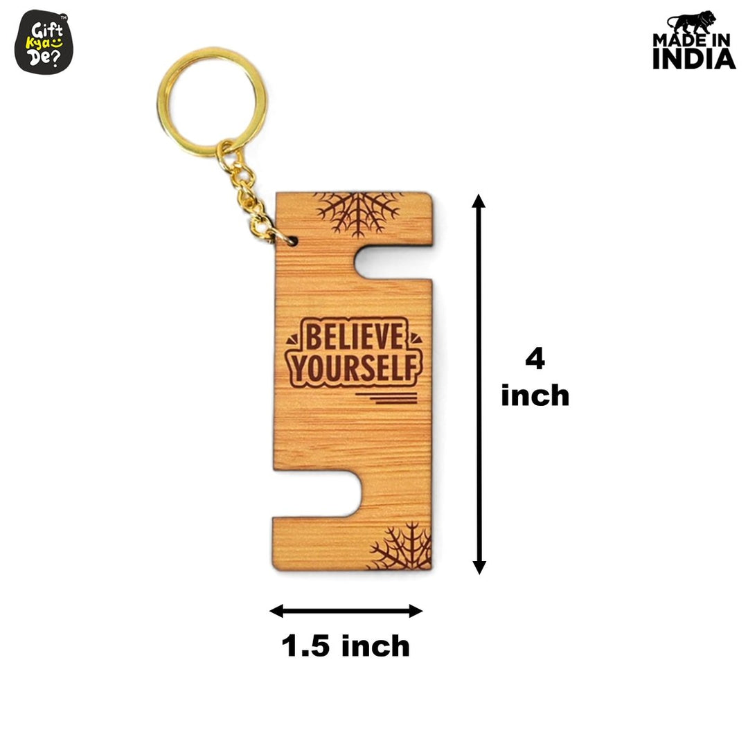 Gift Kya De Cellphone Stand with Keyring | Wooden Mobile Stand with 2 in 1 Style Watch Video Horizontal and Vertical | Premium Golden Keychain