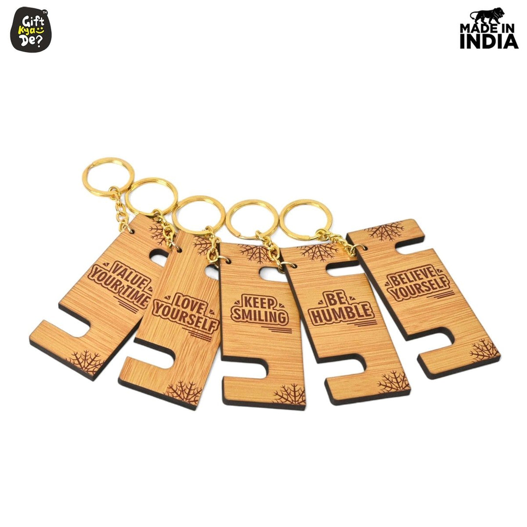 Gift Kya De Cellphone Stand with Keyring | Wooden Mobile Stand with 2 in 1 Style Watch Video Horizontal and Vertical | Premium Golden Keychain