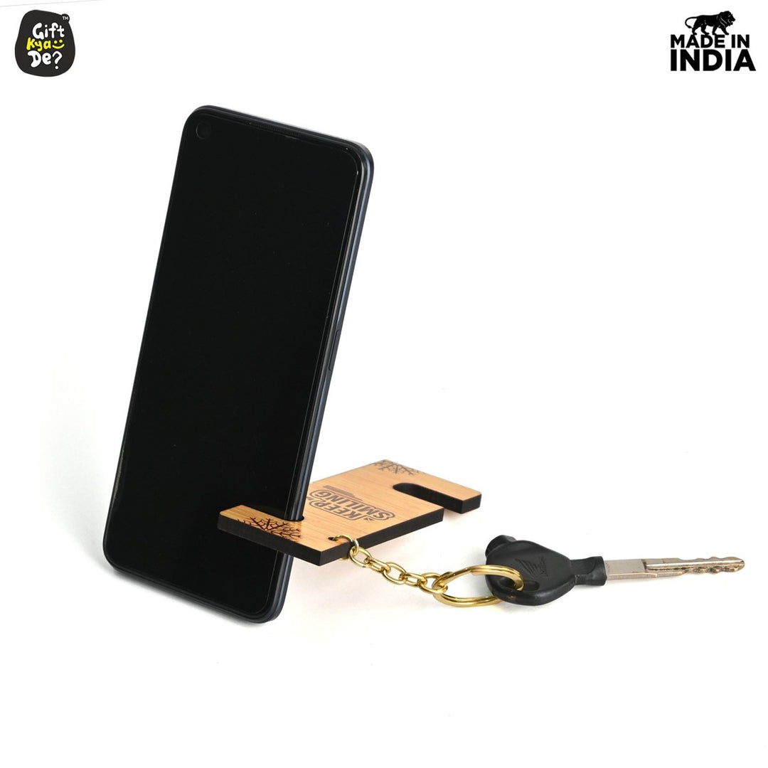Gift Kya De Cellphone Stand with Keyring | Wooden Mobile Stand with 2 in 1 Style Watch Video Horizontal and Vertical | Premium Golden Keychain