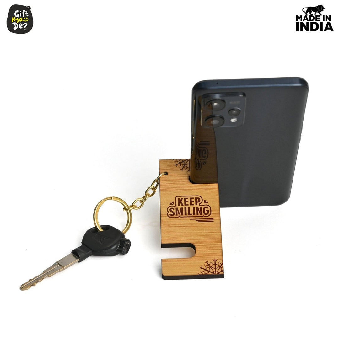 Gift Kya De Cellphone Stand with Keyring | Wooden Mobile Stand with 2 in 1 Style Watch Video Horizontal and Vertical | Premium Golden Keychain