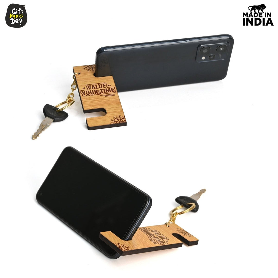 Gift Kya De Cellphone Stand with Keyring | Wooden Mobile Stand with 2 in 1 Style Watch Video Horizontal and Vertical | Premium Golden Keychain