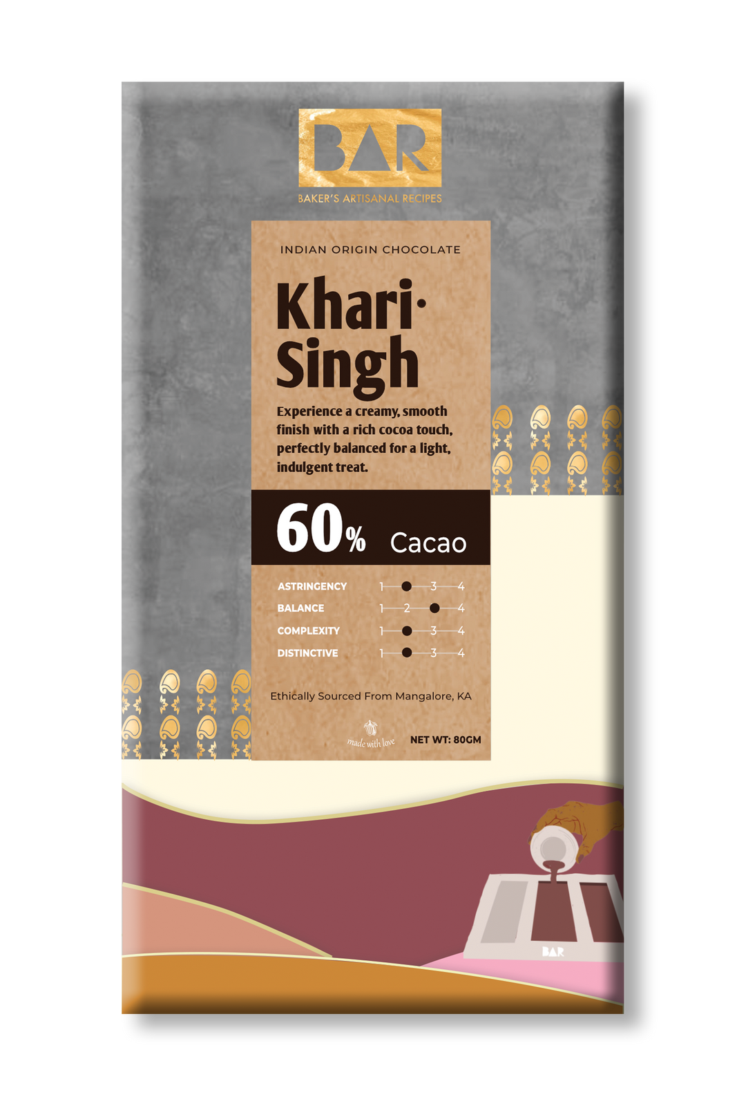 BAR Khari Singh 60% – Mangalore Origin Dark Chocolate – 80 gm