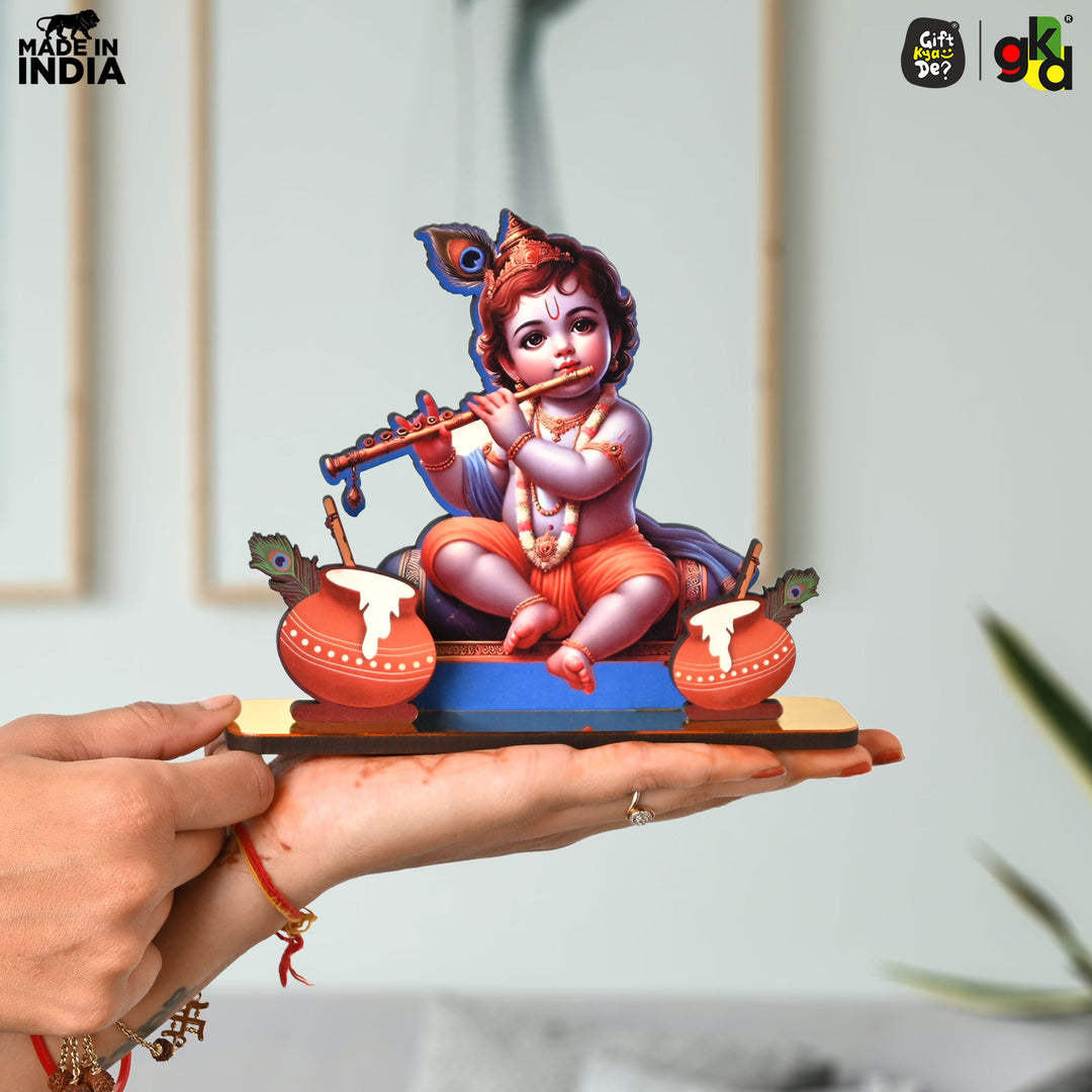 Gift Kya De Decorative Lord Krishna Table Top Frame with Flute and Butter Pots | Divine Baby Krishna Idol for Home, Office & Gift Purposes | Spiritual Home Décor