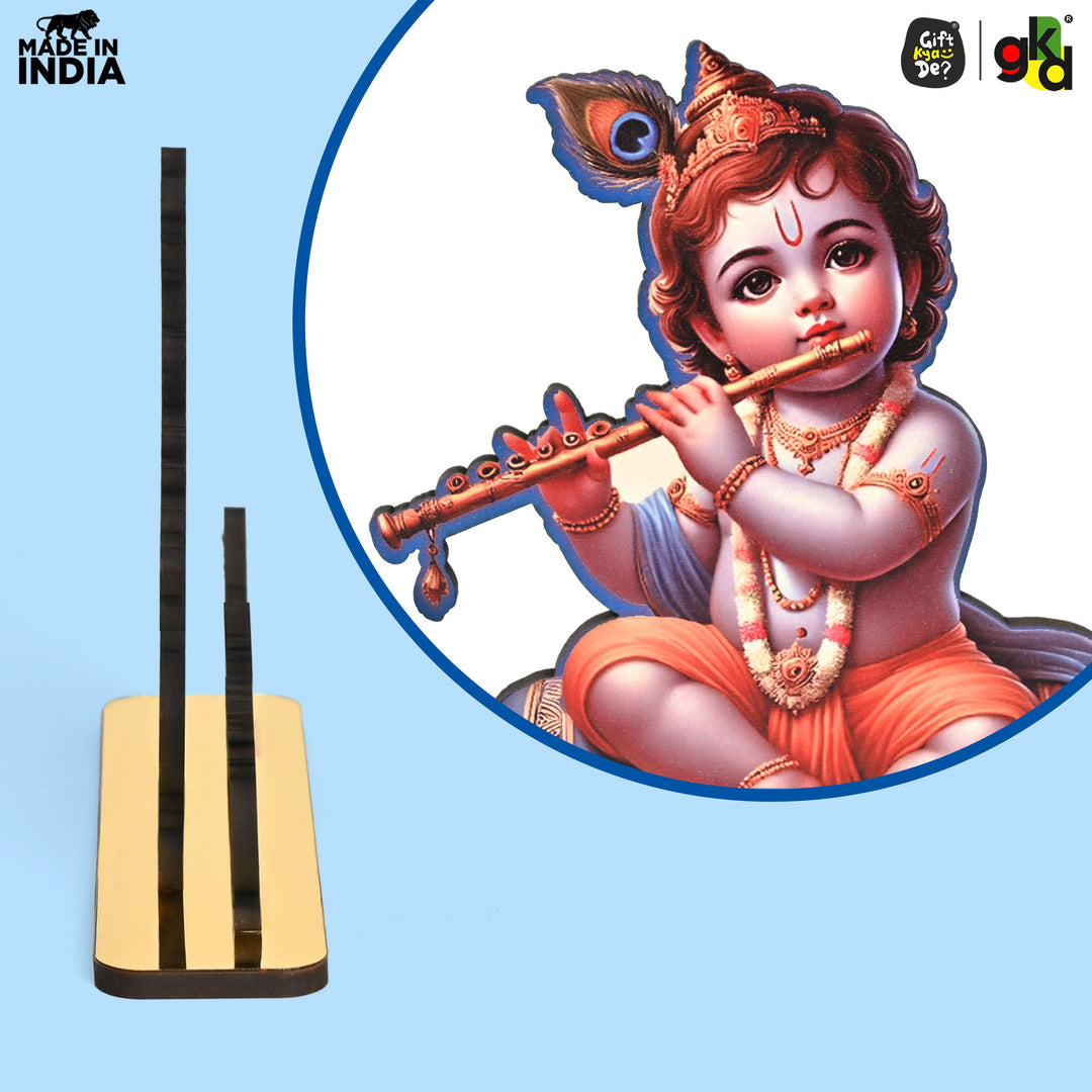 Gift Kya De Decorative Lord Krishna Table Top Frame with Flute and Butter Pots | Divine Baby Krishna Idol for Home, Office & Gift Purposes | Spiritual Home Décor