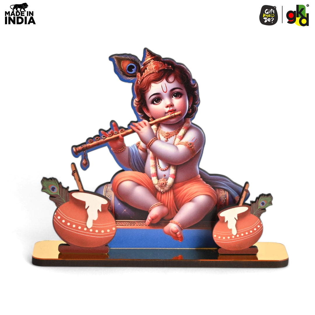 Gift Kya De Decorative Lord Krishna Table Top Frame with Flute and Butter Pots | Divine Baby Krishna Idol for Home, Office & Gift Purposes | Spiritual Home Décor