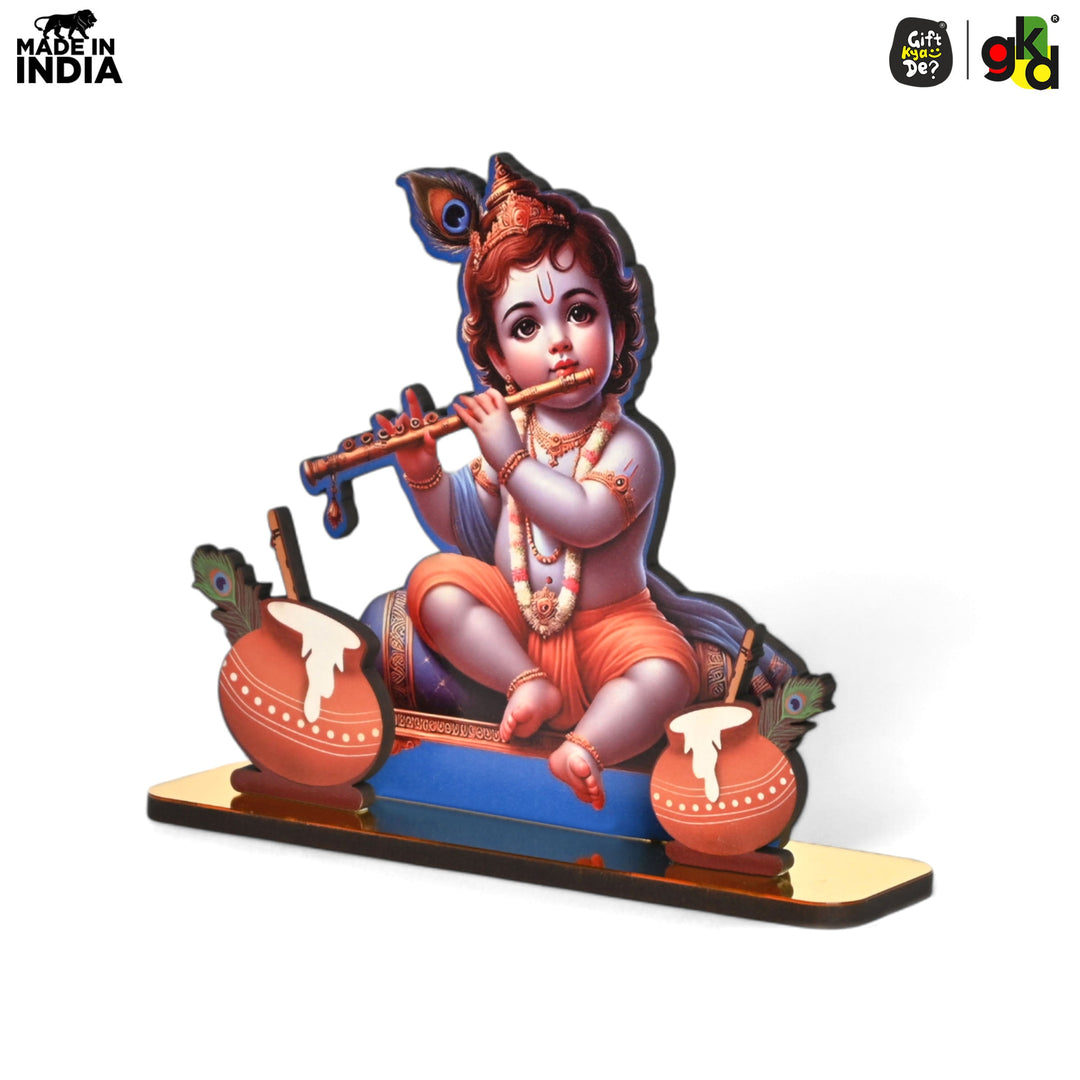 Gift Kya De Decorative Lord Krishna Table Top Frame with Flute and Butter Pots | Divine Baby Krishna Idol for Home, Office & Gift Purposes | Spiritual Home Décor