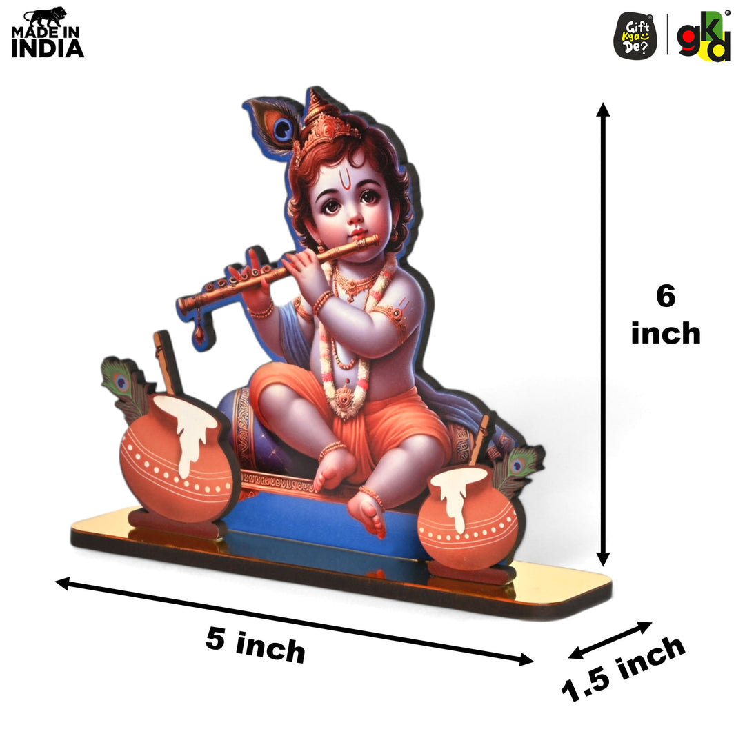 Gift Kya De Decorative Lord Krishna Table Top Frame with Flute and Butter Pots | Divine Baby Krishna Idol for Home, Office & Gift Purposes | Spiritual Home Décor