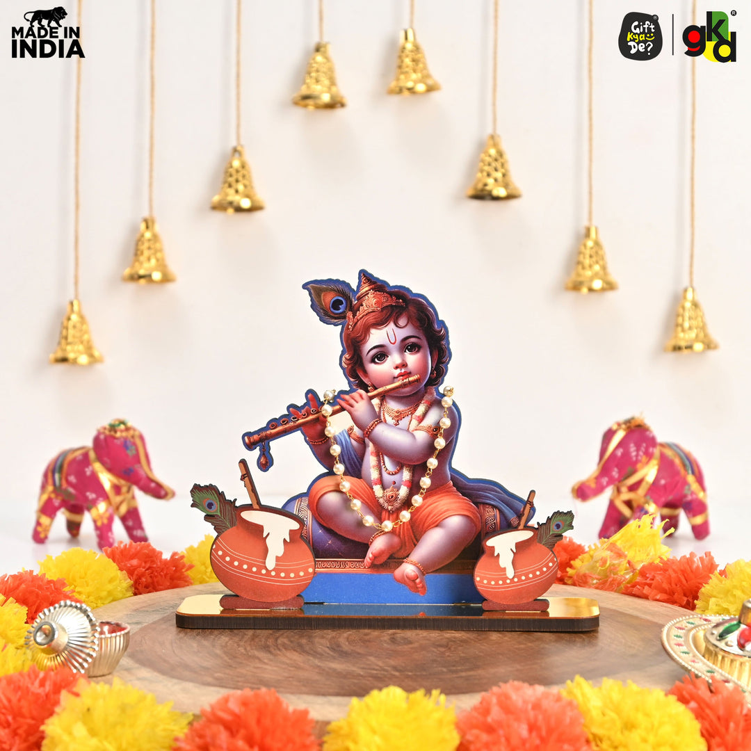 Gift Kya De Decorative Lord Krishna Table Top Frame with Flute and Butter Pots | Divine Baby Krishna Idol for Home, Office & Gift Purposes | Spiritual Home Décor