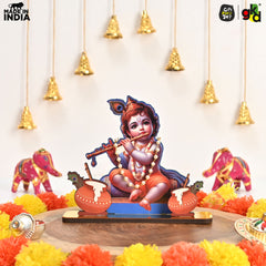 Gift Kya De Decorative Lord Krishna Table Top Frame with Flute and Butter Pots | Divine Baby Krishna Idol for Home, Office & Gift Purposes | Spiritual Home Décor