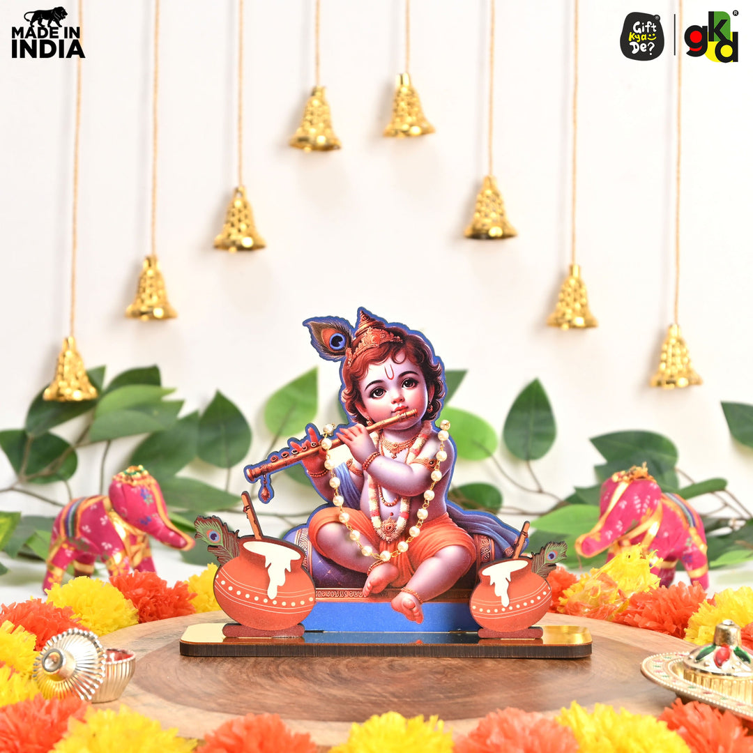 Gift Kya De Decorative Lord Krishna Table Top Frame with Flute and Butter Pots | Divine Baby Krishna Idol for Home, Office & Gift Purposes | Spiritual Home Décor