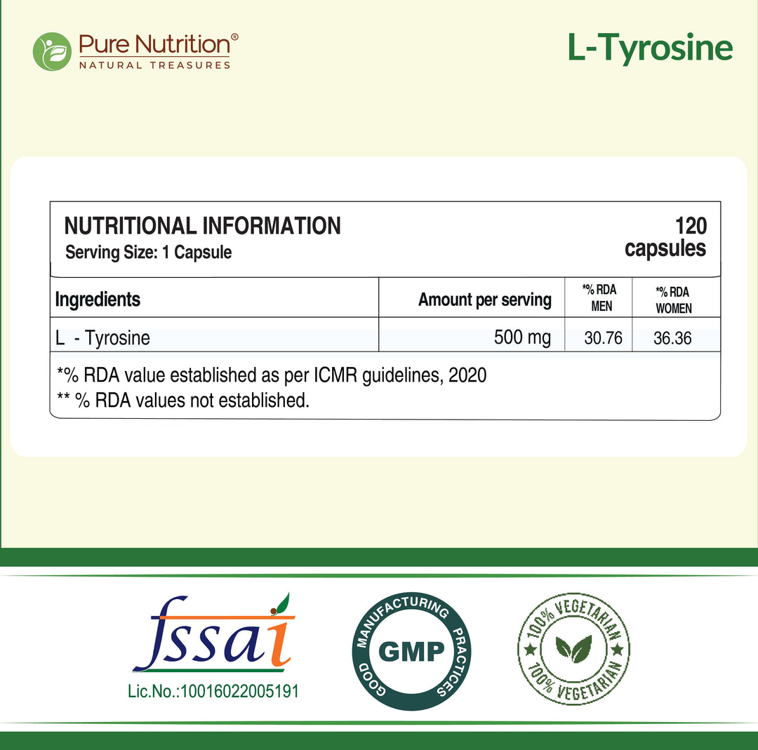L-Tyrosine 500mg | Amino Acid Supplement for Focus, Mood & Stress Support | 120 Tablets