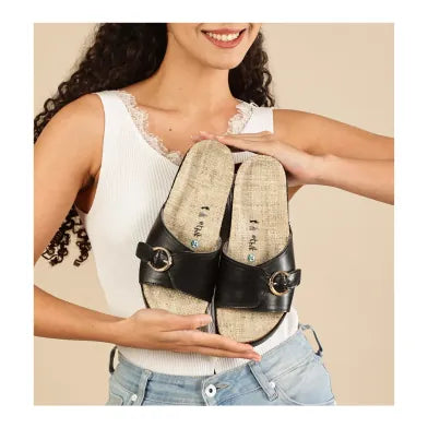 Flora Willow Black Double Strap Buckle Sandals
