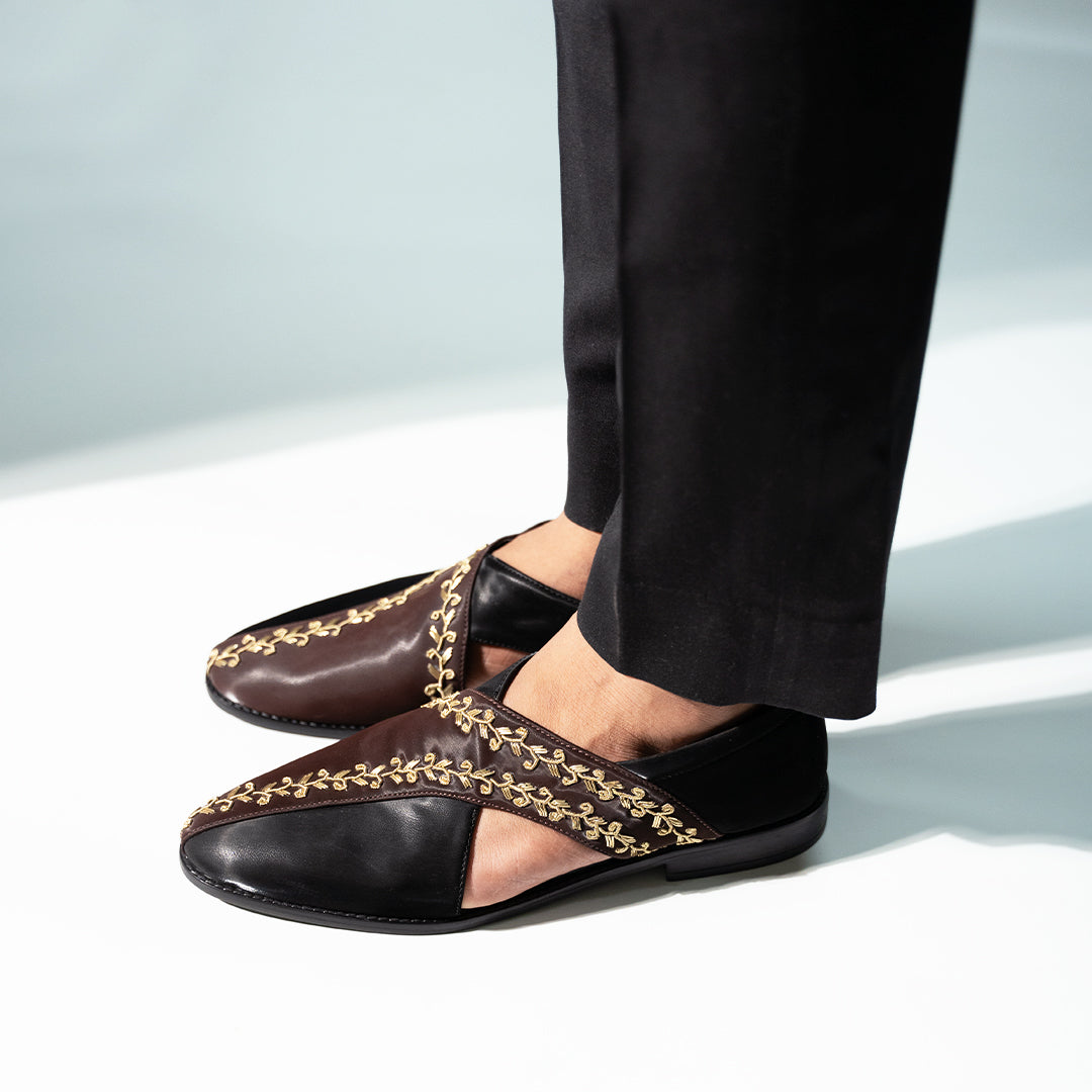 Monkstory Two Tone Embroidered Nawabi Sandals - Black/Brown