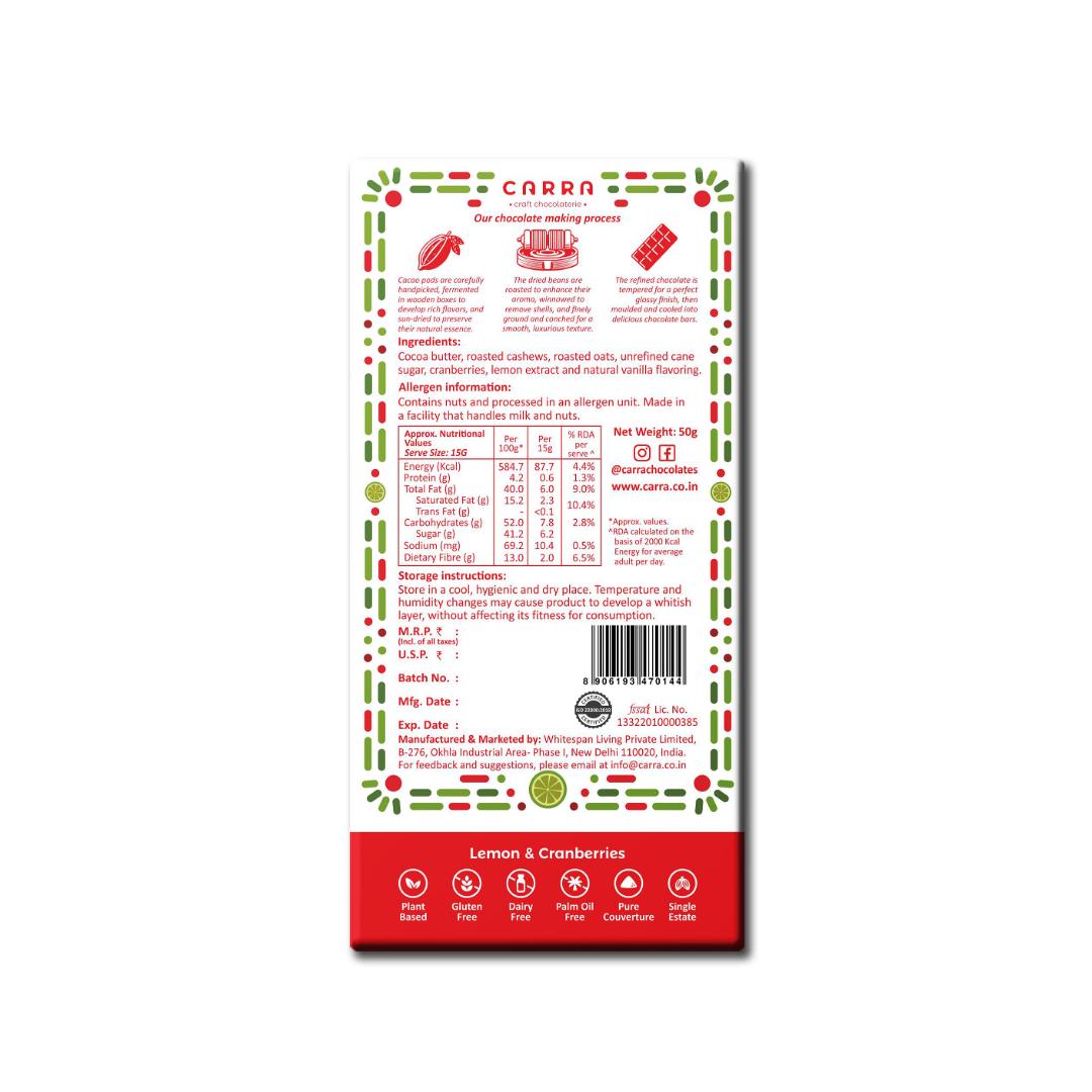 CARRA Lemon & Cranberry in Vegan White Chocolate Bars - Pack of 2