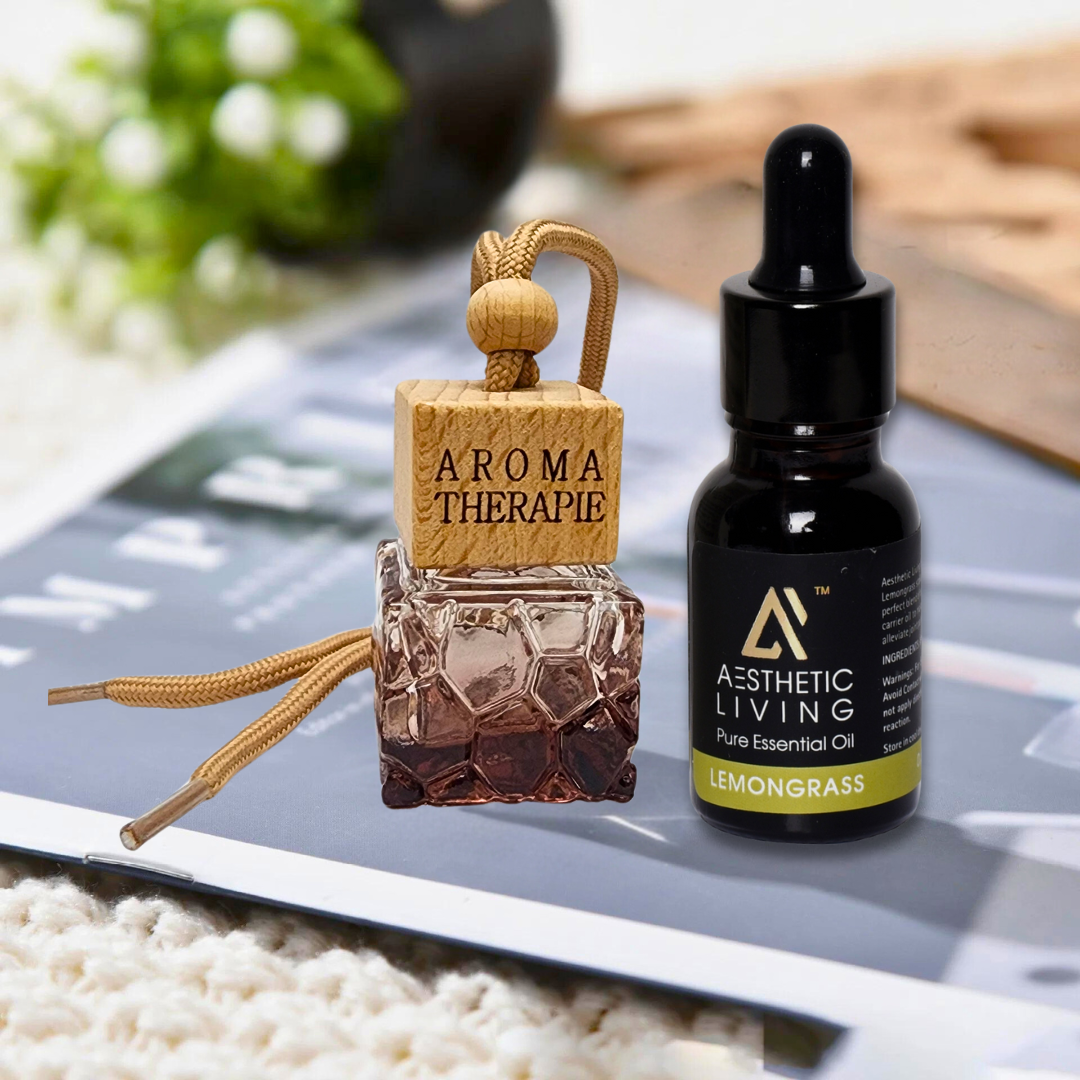 Aesthetic Living Car Aromatizer Diffuser Bottle with Essential Oil (Square colored transparent combo- 8ml + Essential Oil- 15 ml)