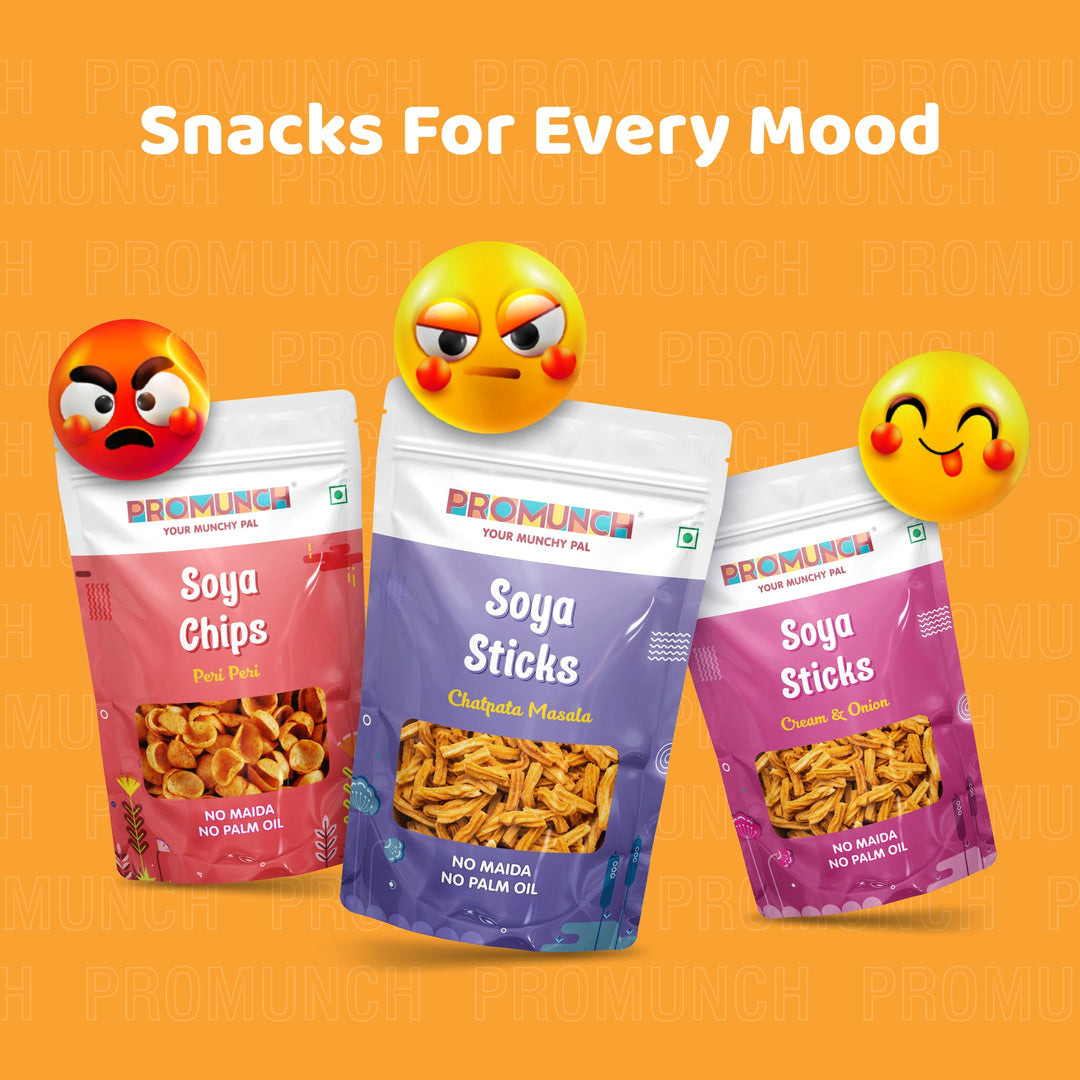 snack packs—Soya Chips Peri Peri, Soya Sticks Chatpata Masala, and Soya Sticks Cream & Onion—displayed with emojis representing different moods, under the tagline &
