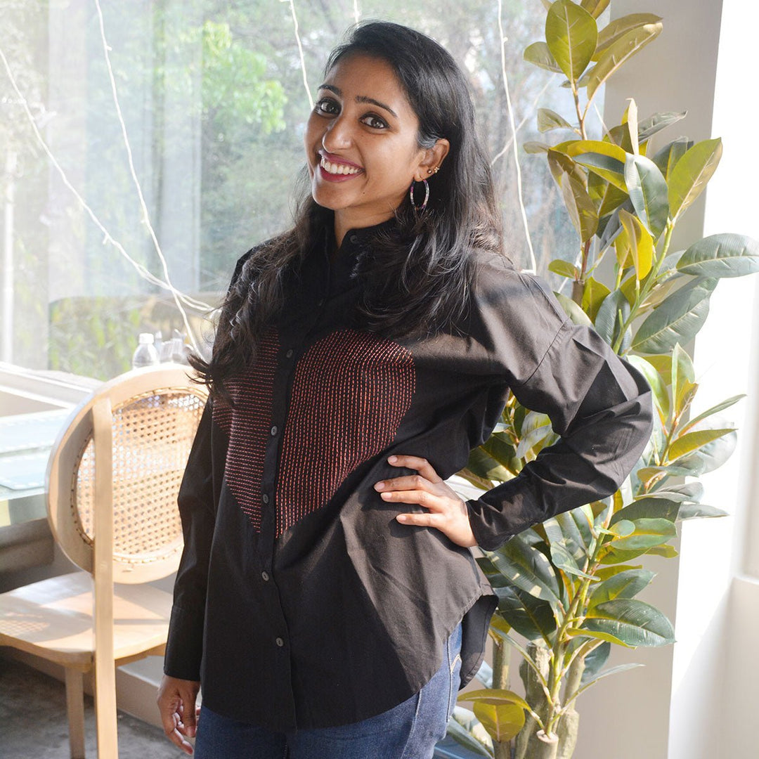 Lined Heart Embroidered Womens Shirt - White/Black - Suspire