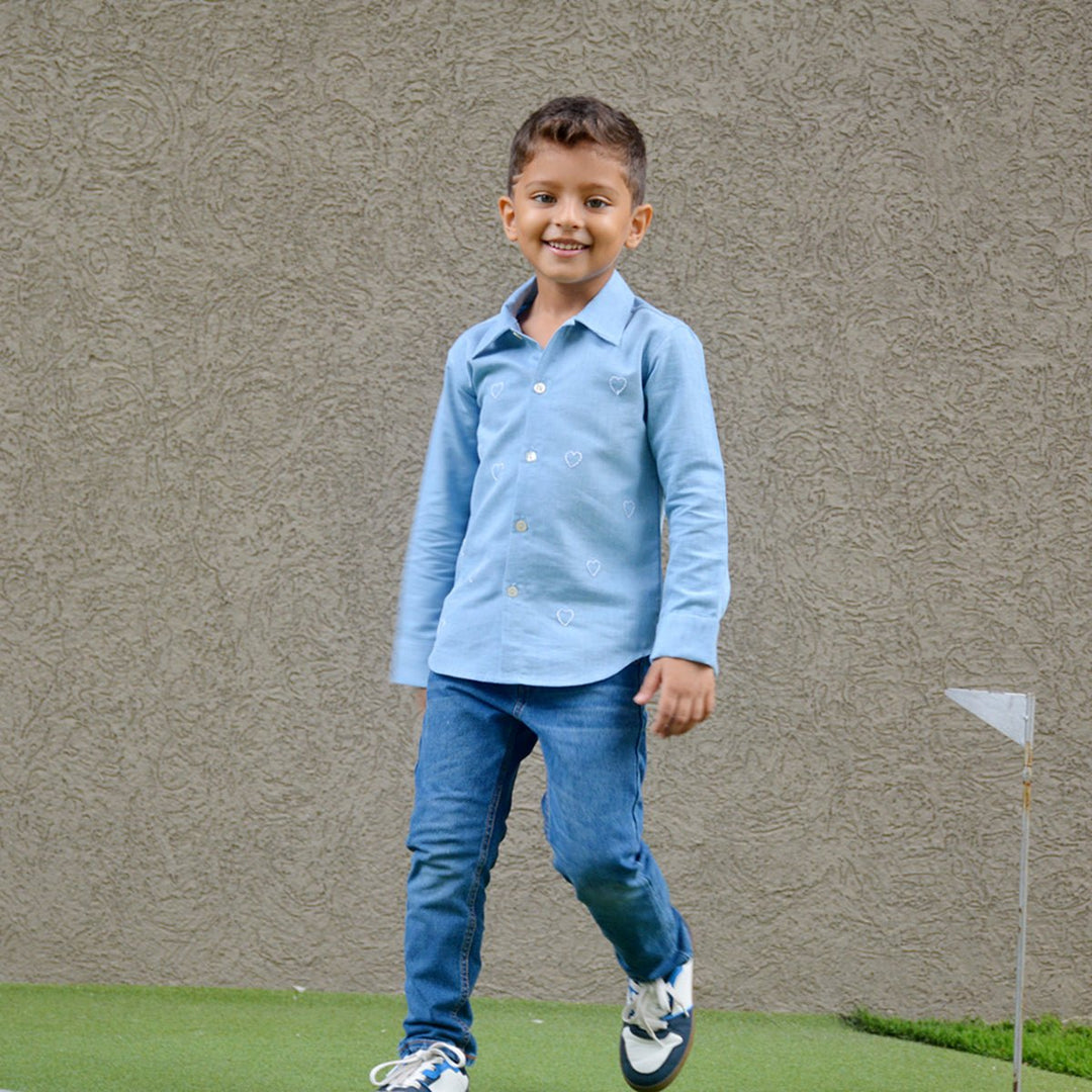 Little Hearts Embroidered Denim Shirt - Suspire