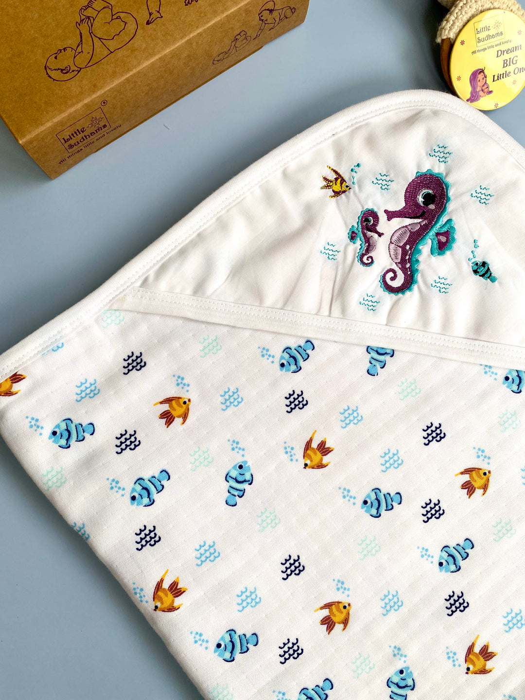 Little Sudhams Organic Cotton Muslin Hooded Baby Bath Towel