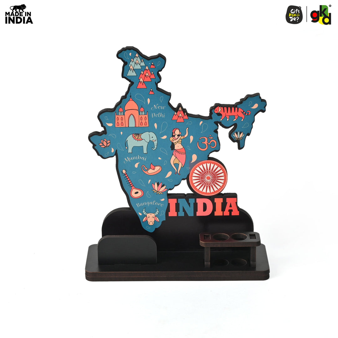Gift Kya De India Map Desk Table Top with Pen Holder & Visiting Card Stand – Showcasing Iconic Places, Pride Animals, and Culture | Patriotic Gifts for Republic Day & Independence Day