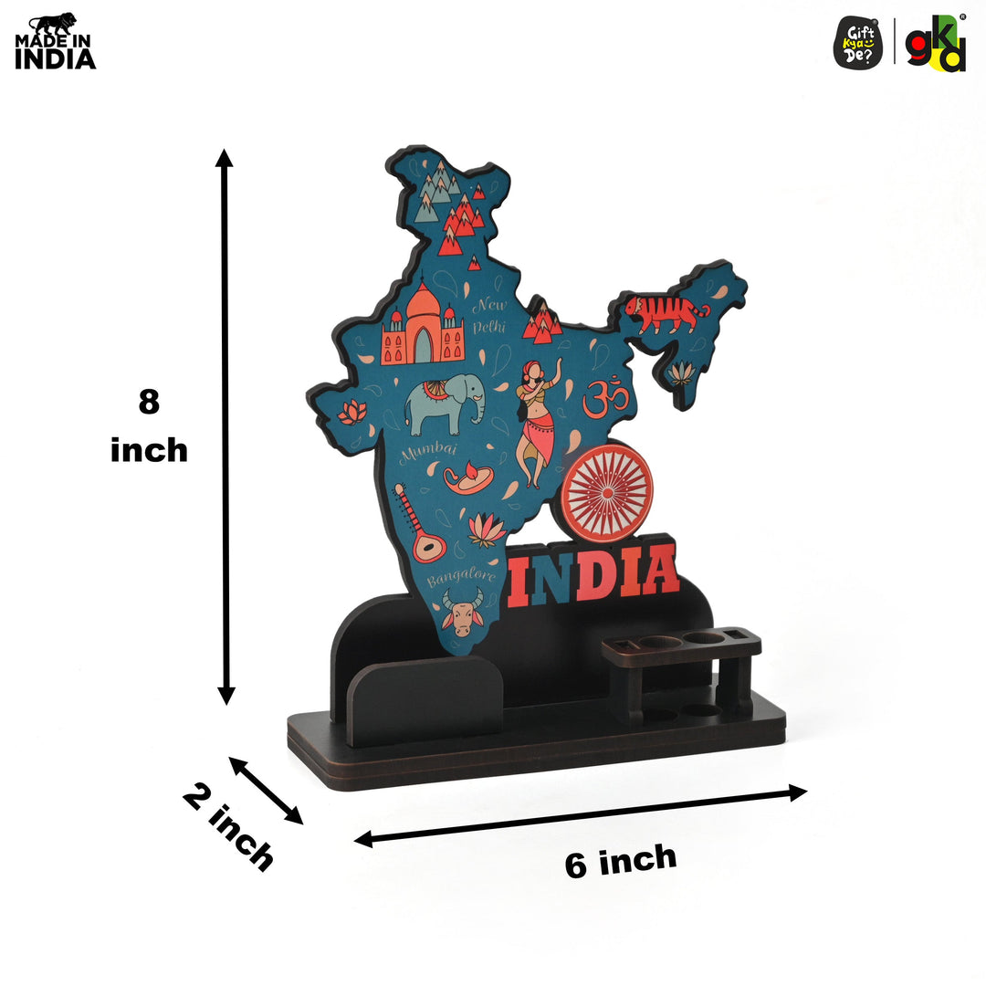 Gift Kya De India Map Desk Table Top with Pen Holder & Visiting Card Stand – Showcasing Iconic Places, Pride Animals, and Culture | Patriotic Gifts for Republic Day & Independence Day