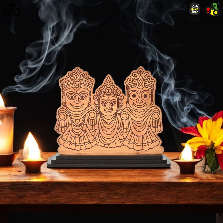 Lord Jagannath Printed Wooden Table Top Frame | Decorative Idol of Jagannath Balabhadra Subhadra | Spiritual Gift Item | 6x5x1.8 inches - Suspire
