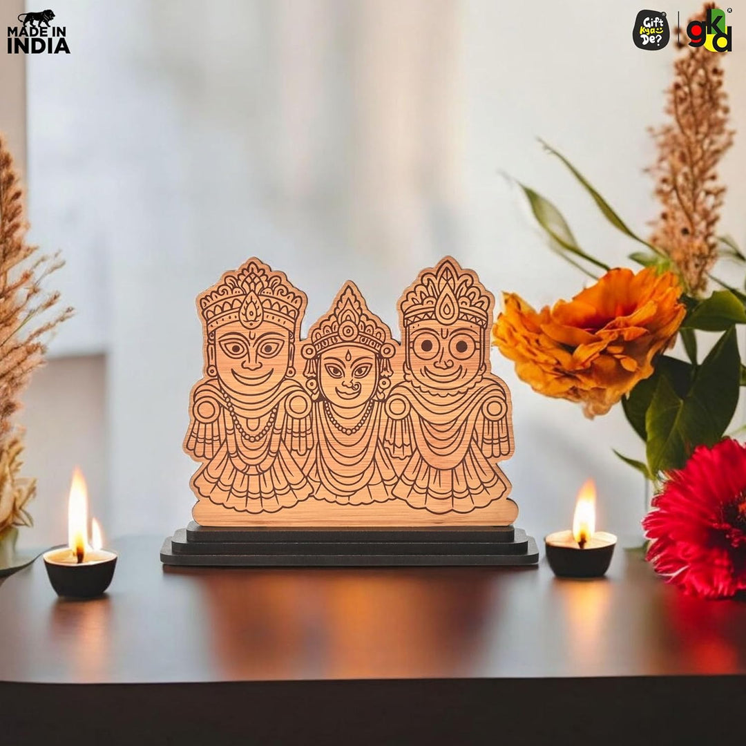 Lord Jagannath Printed Wooden Table Top Frame | Decorative Idol of Jagannath Balabhadra Subhadra | Spiritual Gift Item | 6x5x1.8 inches - Suspire