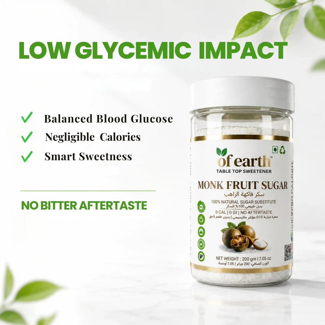 Of Earth Monk Fruit Sweetener With Erythritol | Zero-Glycemic Index, Low Calorie Sugar Substitute | 1:1 Sugar Replacer for Tea, Coffee, Drinks, Cooking & Baking | Plant Based | Keto, Vegan & Diabetic Friendly | 200g