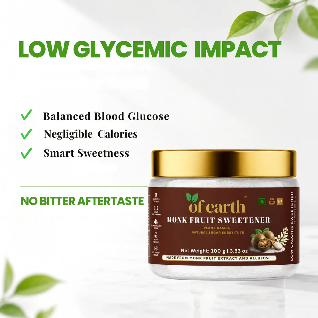 Of Earth Monk Fruit Sweetener With Allulose | Zero-Glycemic Index, Low Calorie Sugar Substitute | EASY 1:2 Sugar Replacement for Tea, Coffee, Cooking & Baking | Plant-Based | Keto, Vegan & Diabetic Friendly | 100g