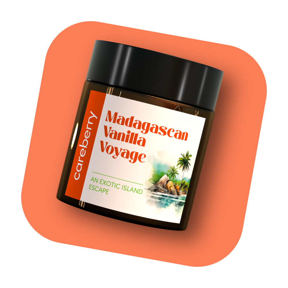 Careberry 's Madagascan Vanilla Voyage-Infused with Pure Vanilla & Sandalwood Essential Oils | Amber Glass Jar with Black Cap 100g