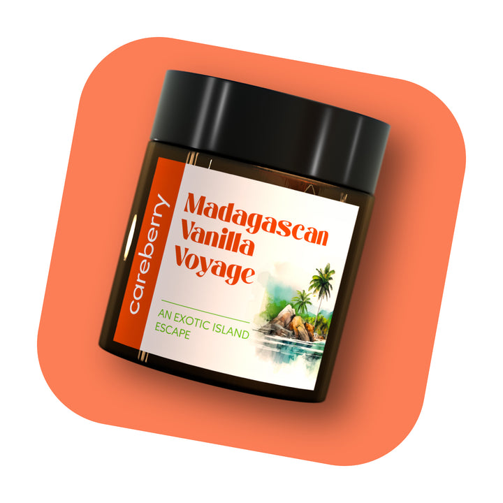 Careberry 's Madagascan Vanilla Voyage-Infused with Pure Vanilla & Sandalwood Essential Oils | Amber Glass Jar with Black Cap 100g