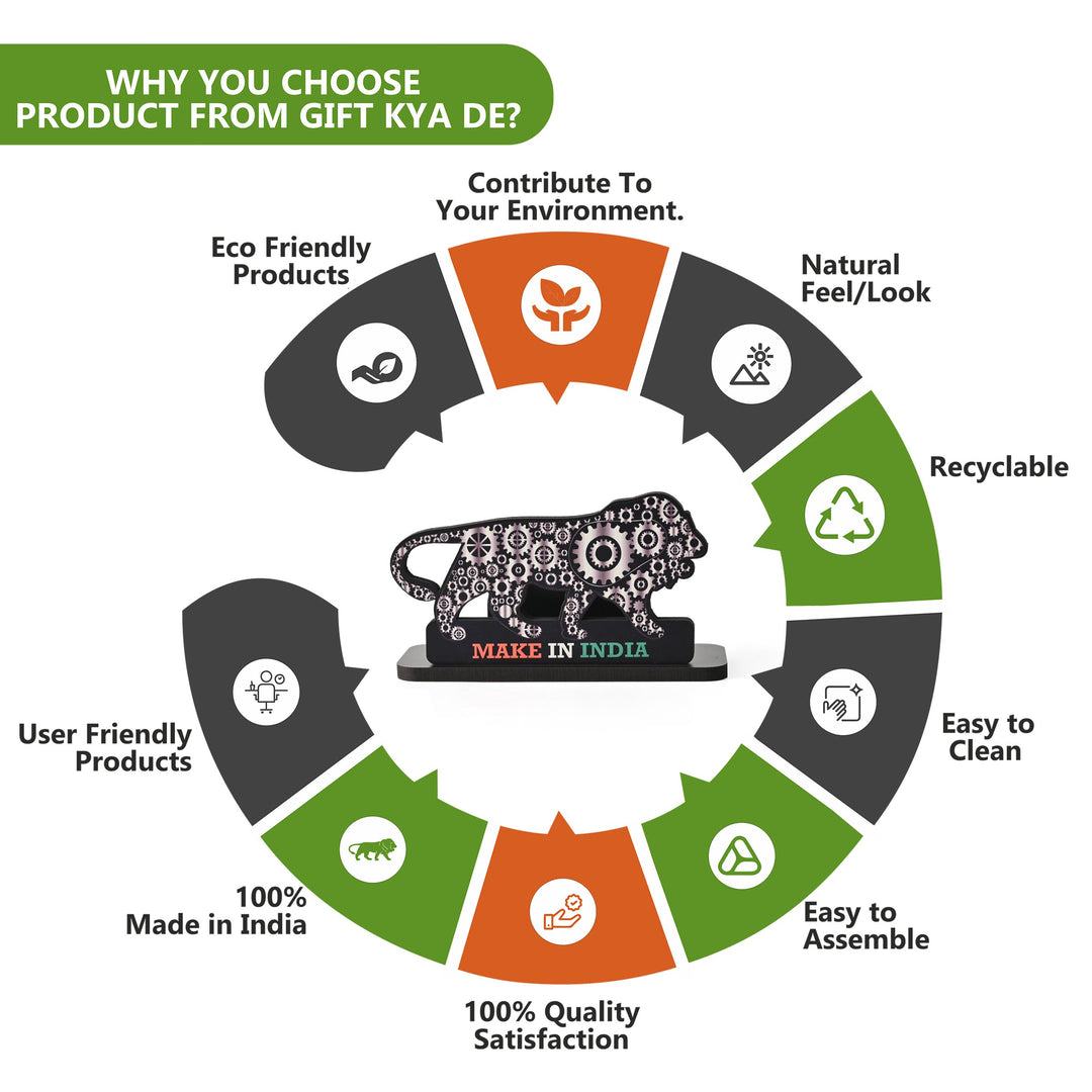 Gift Kya De Make In India Themed Visiting Card Stand, Decorative Lion Gear Pattern Design