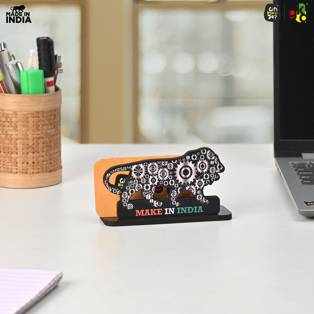 Gift Kya De Make In India Themed Visiting Card Stand, Decorative Lion Gear Pattern Design