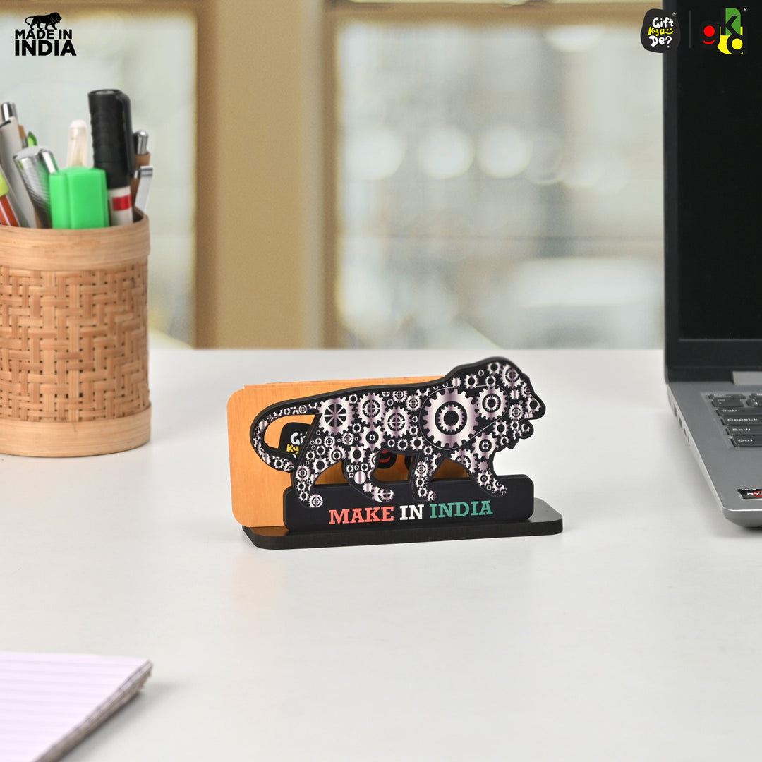 Gift Kya De Make In India Themed Visiting Card Stand, Decorative Lion Gear Pattern Design