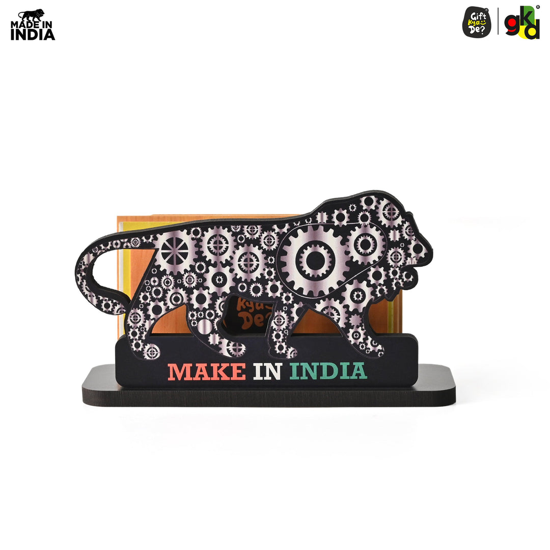 Gift Kya De Make In India Themed Visiting Card Stand, Decorative Lion Gear Pattern Design