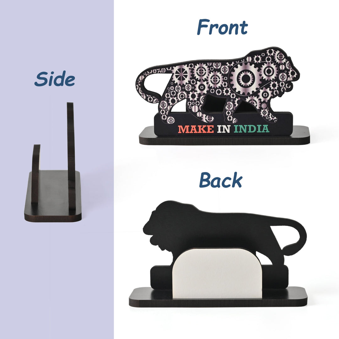 Gift Kya De Make In India Themed Visiting Card Stand, Decorative Lion Gear Pattern Design