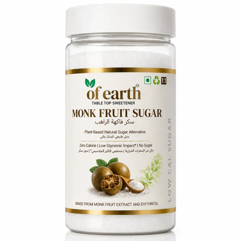 Of Earth Monk Fruit Sweetener With Erythritol | Zero-Glycemic Index, Low Calorie Sugar Substitute | 1:1 Sugar Replacer for Tea, Coffee, Drinks, Cooking & Baking | Plant Based | Keto, Vegan & Diabetic Friendly | 200g