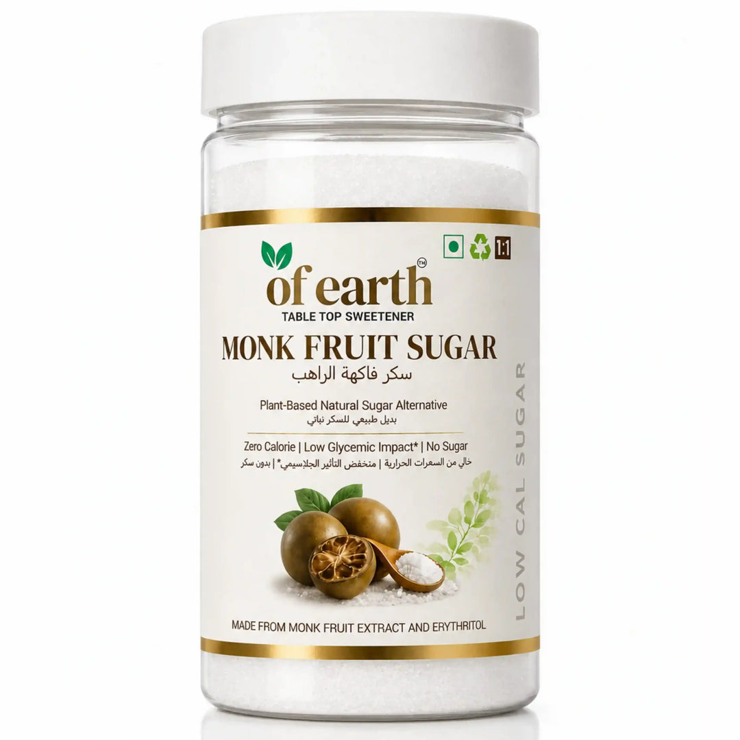 Of Earth Monk Fruit Sweetener With Erythritol | Zero-Glycemic Index, Low Calorie Sugar Substitute | 1:1 Sugar Replacer for Tea, Coffee, Drinks, Cooking & Baking | Plant Based | Keto, Vegan & Diabetic Friendly | 200g